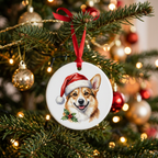 Ceramic Christmas ornament printed with a corgi in a Santa hat