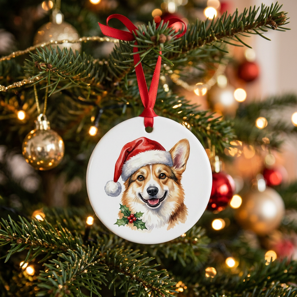 Ceramic Christmas ornament printed with a corgi in a Santa hat