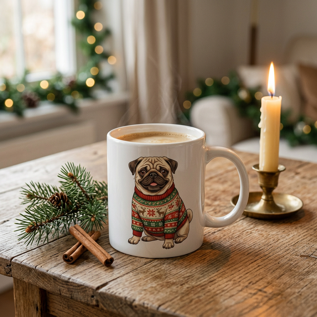 White mug printed with a pug in an ugly Christmas sweater
