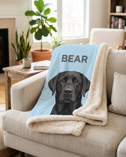 Minimalist pet portrait sherpa blanket on a sofa