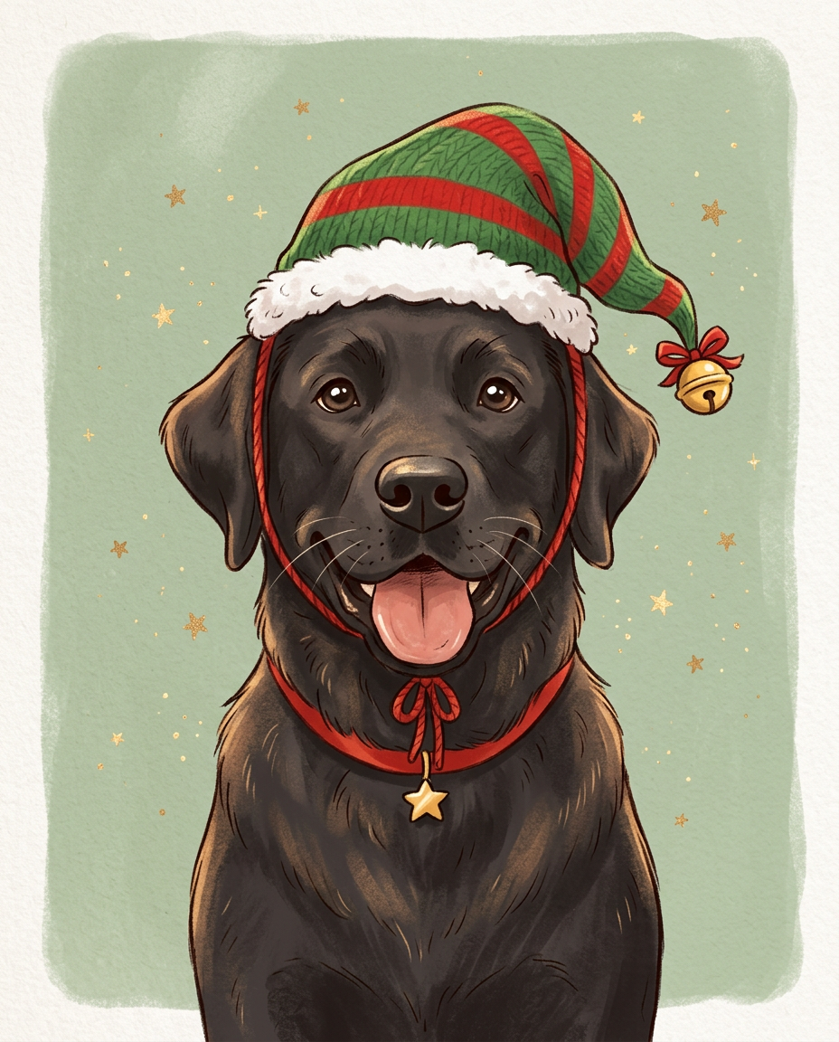 Ugly Sweater style example: black lab in an elf hat